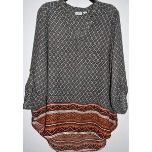 Cato Boho Peasant Tunic XL Long Tab Slv Hi Low Hem Lightweight Flowy Split Vneck